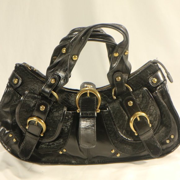 Vtg Kate Landry Black Cow Hair Gold Buckle Purse - Picture 2 of 11